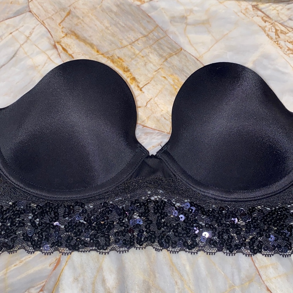 Victoria Secret Pink Very Sexy Strapless Long Line Sequin Satin Bra 34A